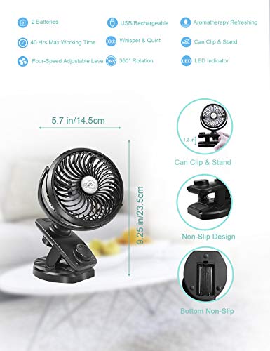 YXwin Stroller Fans Mini USB Desk Clip on Fan, Table Fan 40 Hours(Max) 360° Rotation 5000mAH Rechargeable Battery Operated 4 Speed Quiet Fan for Outdoor/Indoor Baby Car Travel Office Camping Library