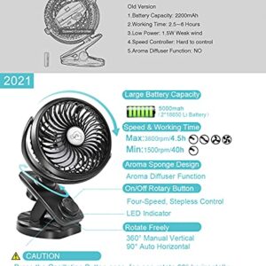 YXwin Stroller Fans Mini USB Desk Clip on Fan, Table Fan 40 Hours(Max) 360° Rotation 5000mAH Rechargeable Battery Operated 4 Speed Quiet Fan for Outdoor/Indoor Baby Car Travel Office Camping Library