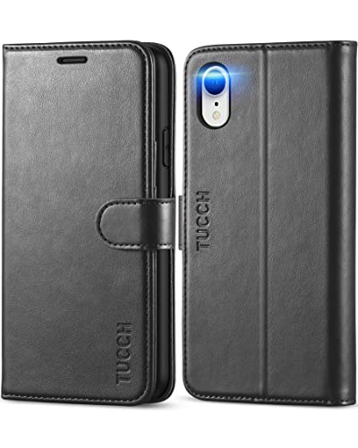 TUCCH iPhone XR Wallet Case, iPhone XR Case, Premium PU Leather Flip Cover [Shockproof TPU Shell] with Stand RFID Blocking Credit Card Slot Wireless Charging Compatible with iPhone XR 6.1, Black