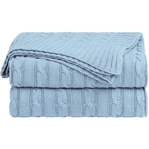 uxcell 100% cotton knitted throw blanket for sofa and couch soft lightweight cable knit blanket home decors blanket, columbia blue 50" x 60"