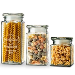 glass storage jars by kook, 3 different sizes, great for cereal, rice, cookies, candy, nuts, flour, sugar, pasta, large, medium, small, set of 3