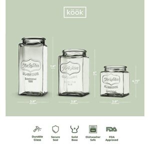 Glass Storage Jars by KooK, 3 Different Sizes, Great for Cereal, Rice, Cookies, Candy, Nuts, Flour, Sugar, Pasta, Large, Medium, Small, Set of 3