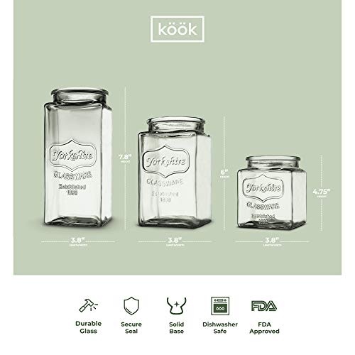 Glass Storage Jars by KooK, 3 Different Sizes, Great for Cereal, Rice, Cookies, Candy, Nuts, Flour, Sugar, Pasta, Large, Medium, Small, Set of 3