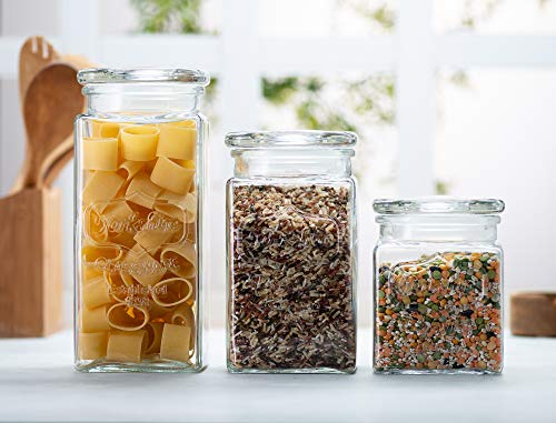 Glass Storage Jars by KooK, 3 Different Sizes, Great for Cereal, Rice, Cookies, Candy, Nuts, Flour, Sugar, Pasta, Large, Medium, Small, Set of 3