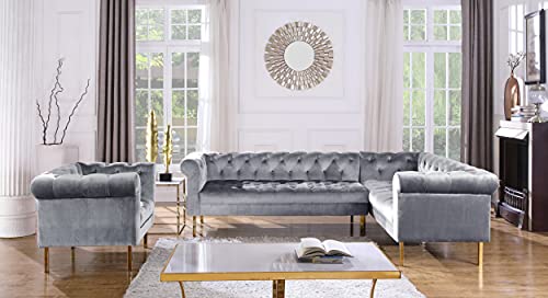 Iconic Home Giovanni Right Facing Sectional Sofa L Shape Velvet Upholstered Button Tufted Roll Arm Design Solid Gold Tone Metal Legs Modern Transitional Navy Grey