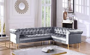 iconic home giovanni right facing sectional sofa l shape velvet upholstered button tufted roll arm design solid gold tone metal legs modern transitional navy grey