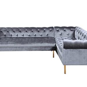 Iconic Home Giovanni Right Facing Sectional Sofa L Shape Velvet Upholstered Button Tufted Roll Arm Design Solid Gold Tone Metal Legs Modern Transitional Navy Grey