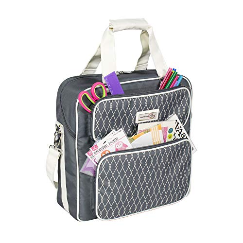 Everything Mary Deluxe Grey & White Scrapbook Carrying Storage Tote - Compatible with Standard IRIS Boxes – Portable Travel Craft Bag with Handle & Shoulder Strap for Pages, Paper