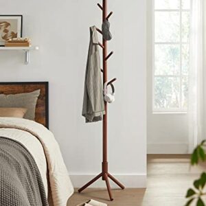 VASAGLE Solid Wood Coat Rack, Free Standing Coat Rack, Tree-Shaped Coat Rack with 8 Hooks, 3 Height Options, for Clothes, Hats, Bags, for Living Room, Bedroom, Home Office, Dark Walnut URCR04WN