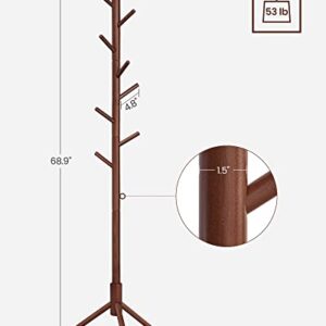 VASAGLE Solid Wood Coat Rack, Free Standing Coat Rack, Tree-Shaped Coat Rack with 8 Hooks, 3 Height Options, for Clothes, Hats, Bags, for Living Room, Bedroom, Home Office, Dark Walnut URCR04WN