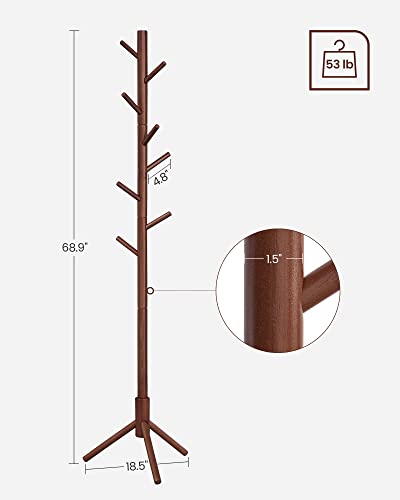 VASAGLE Solid Wood Coat Rack, Free Standing Coat Rack, Tree-Shaped Coat Rack with 8 Hooks, 3 Height Options, for Clothes, Hats, Bags, for Living Room, Bedroom, Home Office, Dark Walnut URCR04WN