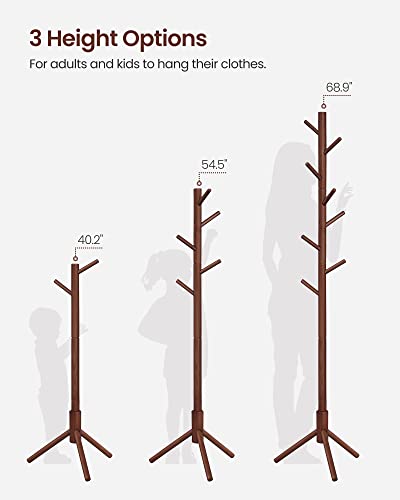 VASAGLE Solid Wood Coat Rack, Free Standing Coat Rack, Tree-Shaped Coat Rack with 8 Hooks, 3 Height Options, for Clothes, Hats, Bags, for Living Room, Bedroom, Home Office, Dark Walnut URCR04WN