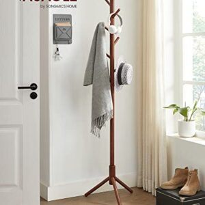 VASAGLE Solid Wood Coat Rack, Free Standing Coat Rack, Tree-Shaped Coat Rack with 8 Hooks, 3 Height Options, for Clothes, Hats, Bags, for Living Room, Bedroom, Home Office, Dark Walnut URCR04WN