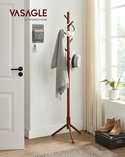 VASAGLE Solid Wood Coat Rack, Free Standing Coat Rack, Tree-Shaped Coat Rack with 8 Hooks, 3 Height Options, for Clothes, Hats, Bags, for Living Room, Bedroom, Home Office, Dark Walnut URCR04WN