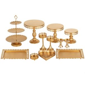 Set of 12 Pieces Gold Metal Cake Stand Set and Pastry Trays Metal Cupcake Stands Set Holder Fruits Dessert Display Plate for Baby Shower Wedding Birthday Party Celebration