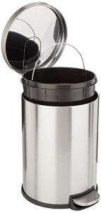 amazon basics round cylindrical trash can with soft-close foot pedal, 20 liter/5.3 gallon, brushed stainless steel