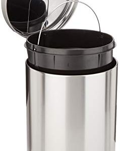 Amazon Basics Round Cylindrical Trash Can With Soft-Close Foot Pedal, 20 Liter/5.3 Gallon, Brushed Stainless Steel