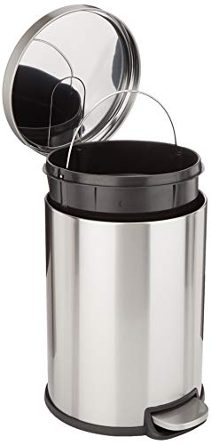 Amazon Basics Round Cylindrical Trash Can With Soft-Close Foot Pedal, 20 Liter/5.3 Gallon, Brushed Stainless Steel