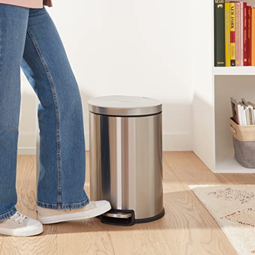 Amazon Basics Round Cylindrical Trash Can With Soft-Close Foot Pedal, 20 Liter/5.3 Gallon, Brushed Stainless Steel