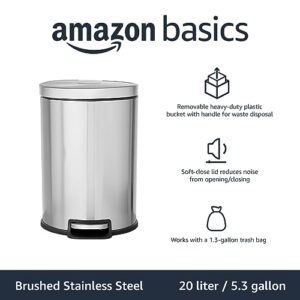 Amazon Basics Round Cylindrical Trash Can With Soft-Close Foot Pedal, 20 Liter/5.3 Gallon, Brushed Stainless Steel