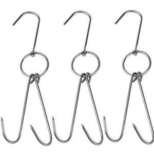 tihood 3 pcs 9.4" stainless steel double meat hooks roast duck bacon shop hook bbq grill hanger cooking tools accessories (9.4" x3)