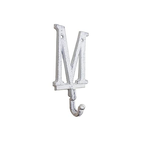 Hampton Nautical Whitewashed Cast Iron Letter M Alphabet Wall Hook 6" - Vintage Wall Decor - Cas