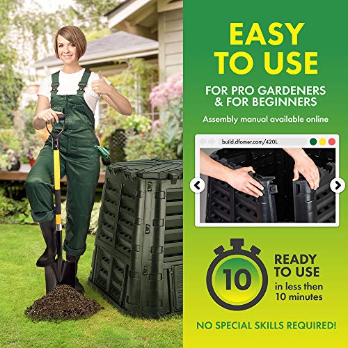 Garden Composter Bin Made from Recycled Plastic – 110 Gallons (420Liter) Large Compost Bin - Create Fertile Soil with Easy Assembly, Lightweight, Aerating Outdoor Compost Box – by D.F. Omer