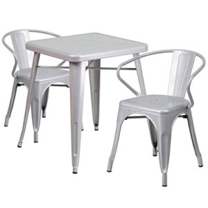 emma + oliver commercial 23.75" square silver metal indoor-outdoor table set-2 arm chairs