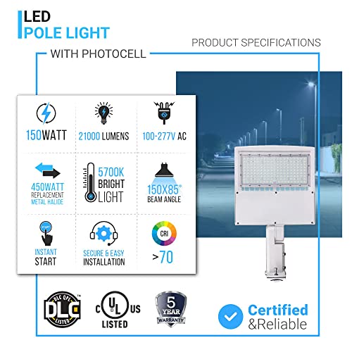 LEDMyplace 150W LED Pole Light with Photocell 5700K Universal Mount White AC120-277V Commercial Parking Lot Lights