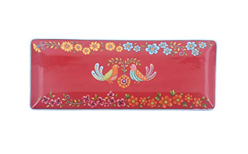 Bico Red Spring Bird Ceramic 14 inch Rectangular Serving Platter, Set of 2, for Serving Salad, Pasta, Cheese, Ham, Appetizer, Microwave & Dishwasher Safe