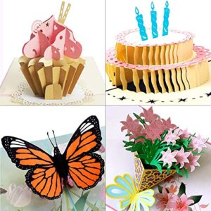 aloha cards 3d pop up greeting cards for birthdays, thank you, all occasions/packaged with envelope protective bag (4 pack: butterfly, lily bouquet, cupcake, birthday cake)