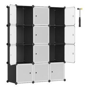 songmics cube storage with door, set of 12 plastic cubes, closet storage shelves, diy plastic closet cabinet, modular bookcase, shelving with doors for bedroom, living room, black and white ulpc34hv1