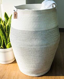 goodpick laundry hamper | woven cotton rope dirty clothes hamper tall kids curve laundry basket large, (white, 25.6 x 17.71 inch)