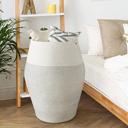 Goodpick Laundry Hamper | Woven Cotton Rope Dirty Clothes Hamper Tall kids Curve Laundry Basket Large, (White, 25.6 x 17.71 Inch)