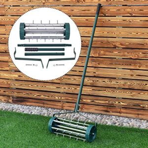 Goplus Rolling Lawn Aerator, 18-Inch Garden Yard Rotary Push Tine Heavy Duty Spike Soil Aeration, Manual Lawn Aeration Tool w/ 40.5-Inch Handle (Silver)