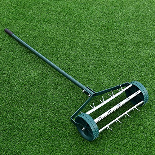 Goplus Rolling Lawn Aerator, 18-Inch Garden Yard Rotary Push Tine Heavy Duty Spike Soil Aeration, Manual Lawn Aeration Tool w/ 40.5-Inch Handle (Silver)