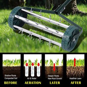 Goplus Rolling Lawn Aerator, 18-Inch Garden Yard Rotary Push Tine Heavy Duty Spike Soil Aeration, Manual Lawn Aeration Tool w/ 40.5-Inch Handle (Silver)