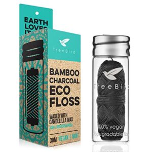 organic biodegradable bamboo charcoal dental floss & refillable glass holder | vegan | naturally waxed with candelilla wax | 33yd thread spool | eco-friendly zero waste oral care | mint flavored