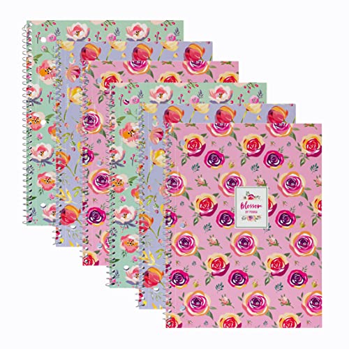 Pukka Pad, Blossom Single Subject Spiral Bound Notebooks with 100 Pages of 3 Hole-Punched 80GSM Lined Paper with Perforated Edges – 10.5 x 8in – 6-Pack