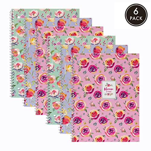 Pukka Pad, Blossom Single Subject Spiral Bound Notebooks with 100 Pages of 3 Hole-Punched 80GSM Lined Paper with Perforated Edges – 10.5 x 8in – 6-Pack