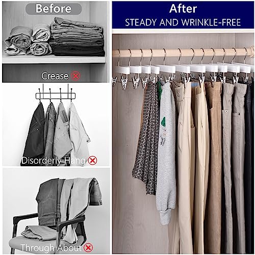 Amber Home White Wooden Pants Skirts Hangers 24 Pack, Solid Wood Trousers Bottom Hanger with 2-Adjustable Clips, Clips Hangers for Slacks, Jeans, Shorts (White, 24 Pack)