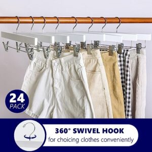 Amber Home White Wooden Pants Skirts Hangers 24 Pack, Solid Wood Trousers Bottom Hanger with 2-Adjustable Clips, Clips Hangers for Slacks, Jeans, Shorts (White, 24 Pack)