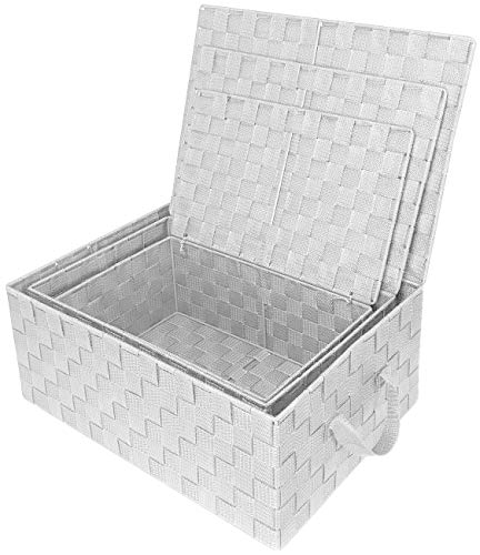 Sorbus Storage Box Woven Basket Bin Container Tote Cube Organizer Set Stackable Storage Basket Woven Strap Shelf Organizer Built-In Carry Handles (Woven Lid Baskets - White)