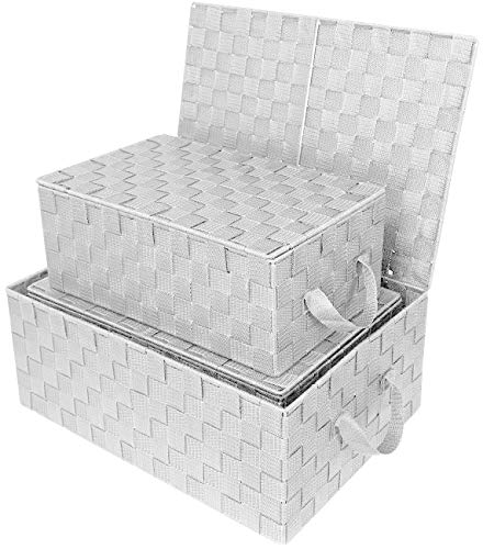 Sorbus Storage Box Woven Basket Bin Container Tote Cube Organizer Set Stackable Storage Basket Woven Strap Shelf Organizer Built-In Carry Handles (Woven Lid Baskets - White)