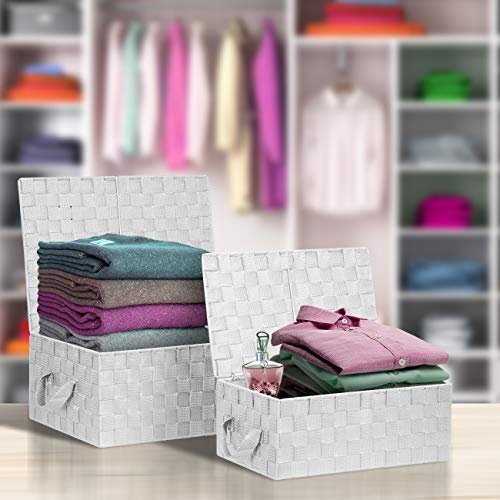 Sorbus Storage Box Woven Basket Bin Container Tote Cube Organizer Set Stackable Storage Basket Woven Strap Shelf Organizer Built-In Carry Handles (Woven Lid Baskets - White)