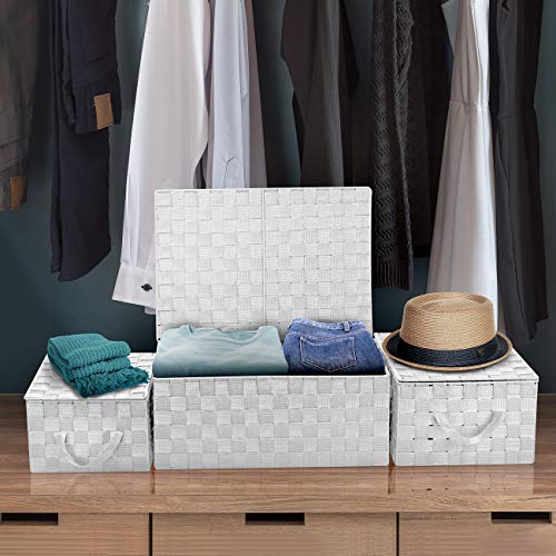 Sorbus Storage Box Woven Basket Bin Container Tote Cube Organizer Set Stackable Storage Basket Woven Strap Shelf Organizer Built-In Carry Handles (Woven Lid Baskets - White)