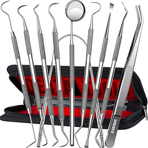 Dental Tools, Professional Teeth Cleaning Tools Stainless Steel Tartar Remover Oral Hygiene Care Scraper Tools Set for Adults, Kids, Family, Dogs with Leather Case, 11 Piece Set