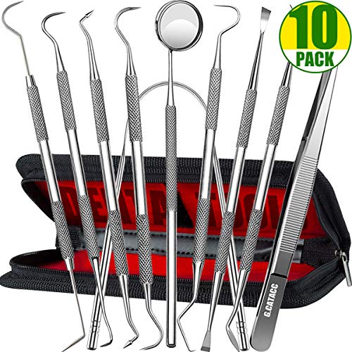 Dental Tools, Professional Teeth Cleaning Tools Stainless Steel Tartar Remover Oral Hygiene Care Scraper Tools Set for Adults, Kids, Family, Dogs with Leather Case, 11 Piece Set