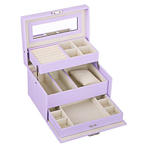 BEWISHOME Girls Jewelry Box Jewelry Organizer with Lock Mirror Jewelry Display Storage Case Holder Portable Travel Case for Women Girls Kids Purple SSH77P