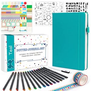 feela dotted journal kit, dot grid journal hardcover planner notebook set for beginners women girls note taking with journaling supplies stencils stickers pens accessories, a5, 224 pages, teal